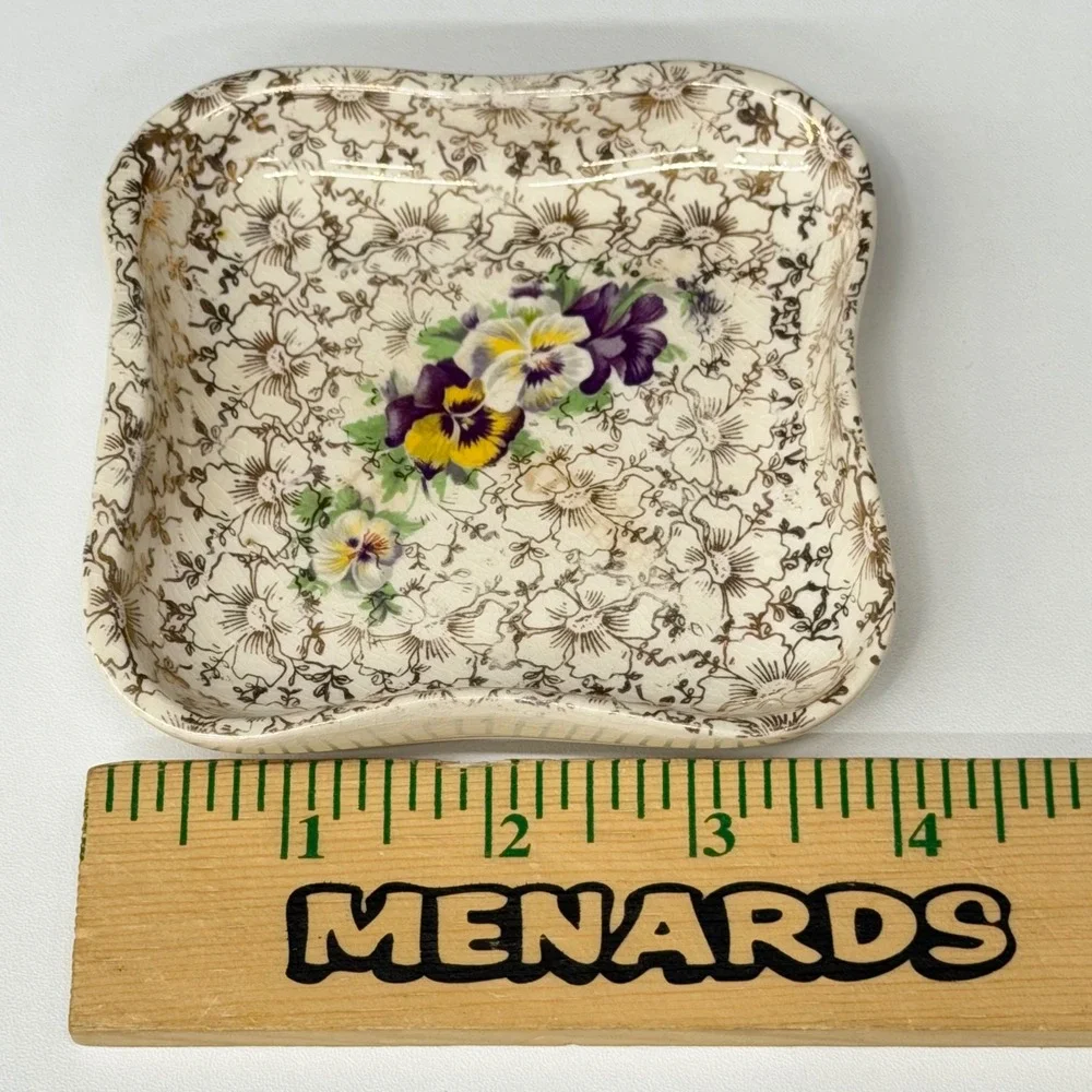 Vintage Pansy Floral Porcelain Trinket Dish Square Jewelry Ring Vanity Pin Tray